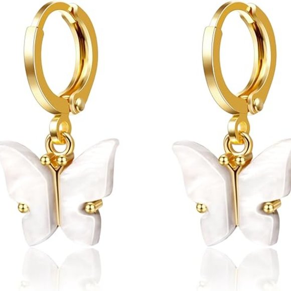 Neiman Marcus Butterfly Gold Dangle 14K Gold Plated Hoop Earrings with Clover - Picture 3 of 6